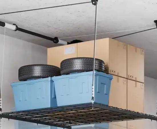 4x4 Ft Overhead Garage Lift with Adjustable Height, Heavy Duty Ceiling Storage Rack for Secure Access