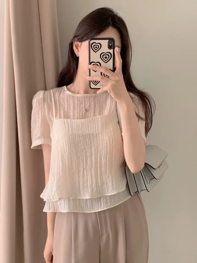 

Gentle Wind Chiffon Top Women's Summer round Ne Layering Design Two-Piece Set Bubble Sve Texture Sensation Upper Body