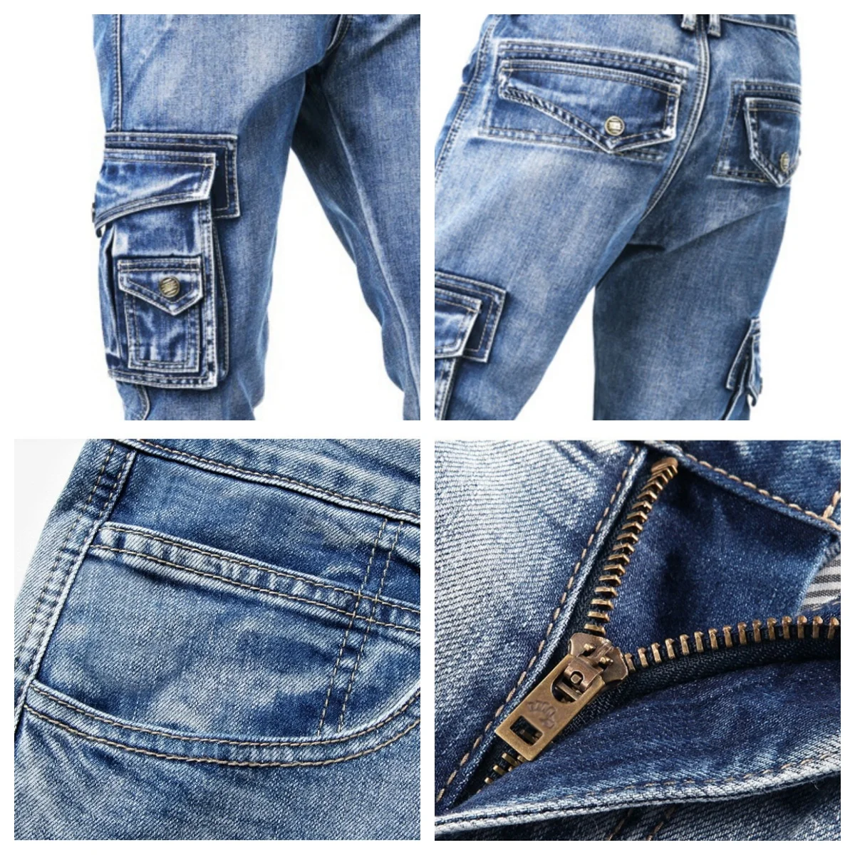 Calças cortadas jeans masculinas com vários bolsos, shorts soltos de perna reta, calças casuais lavadas e usadas