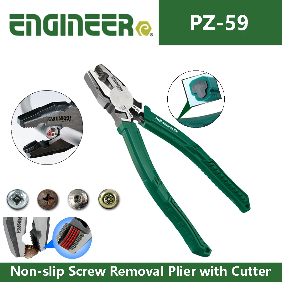 ENGINEER PZ-59 Screw Removal Plier with Wire Cutter Non-slip Jaws for Quick Removal of Damaged Screws Heavy Duty Gripping Plier