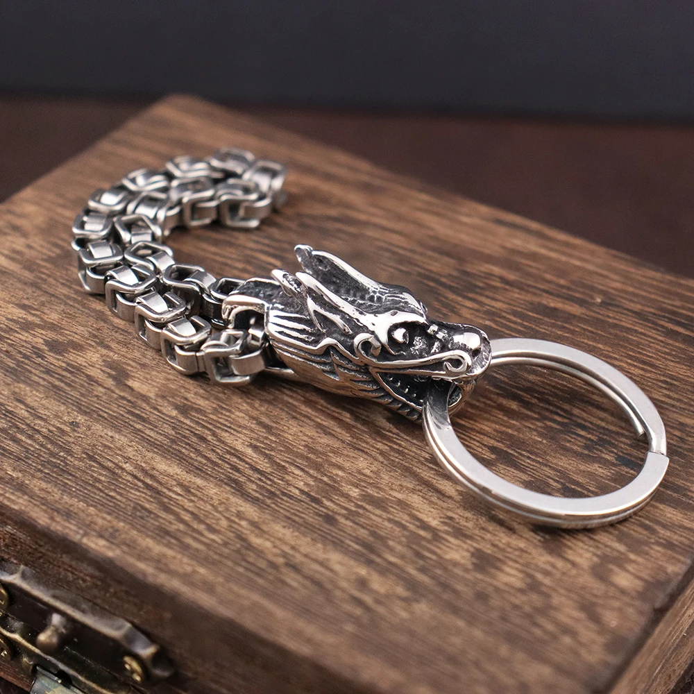 Stainless Steel Popular Chinese Dragon Men\'s Keychain Creative Viking Dragon Head Emperor Chain Keychains Jewelry Gift Wholesale