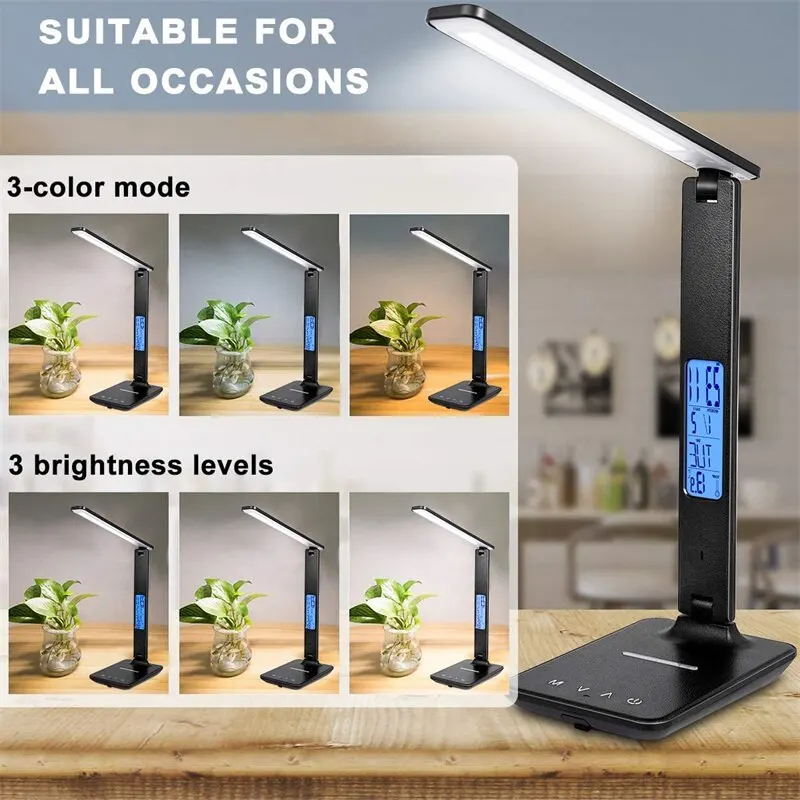 10W Phone QI Wireless Charging LED Desk Lamp With Calendar Temperature Alarm Clock Eye Protect Study Light Reading Table Lamp