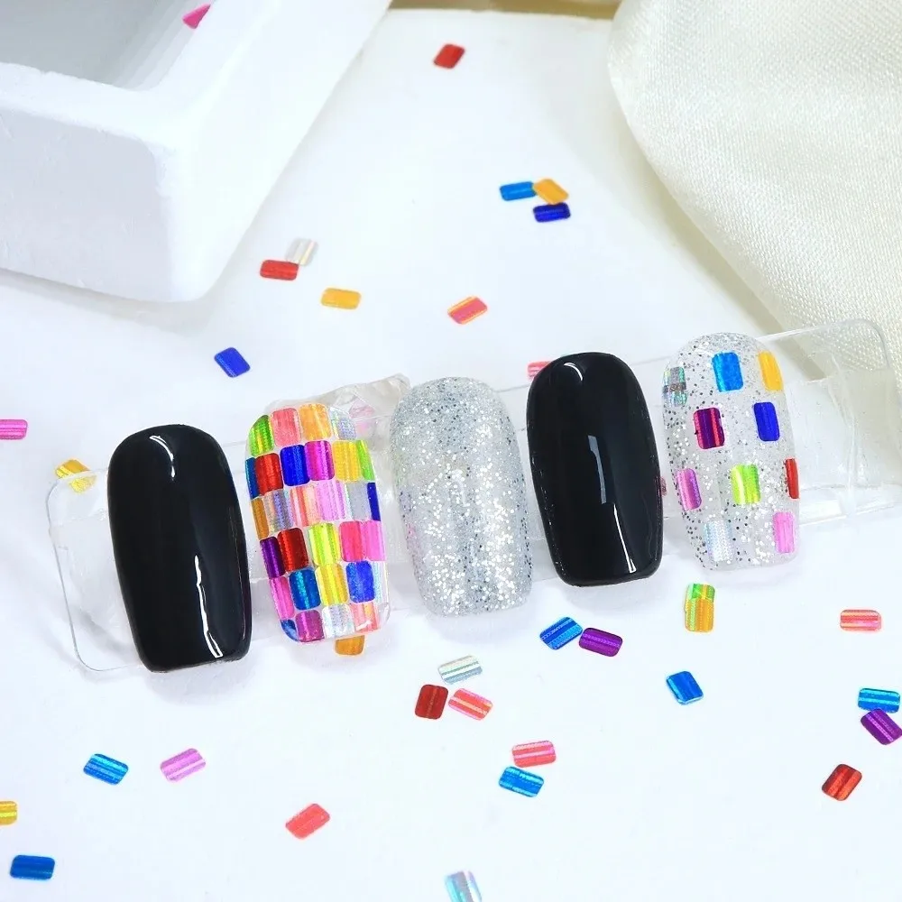 12-Grid Nail Art Sequins Holographic Square Shape Nail Glitter Flakes Rectangular Shape Laser Shiny Nail Decoration Accessories