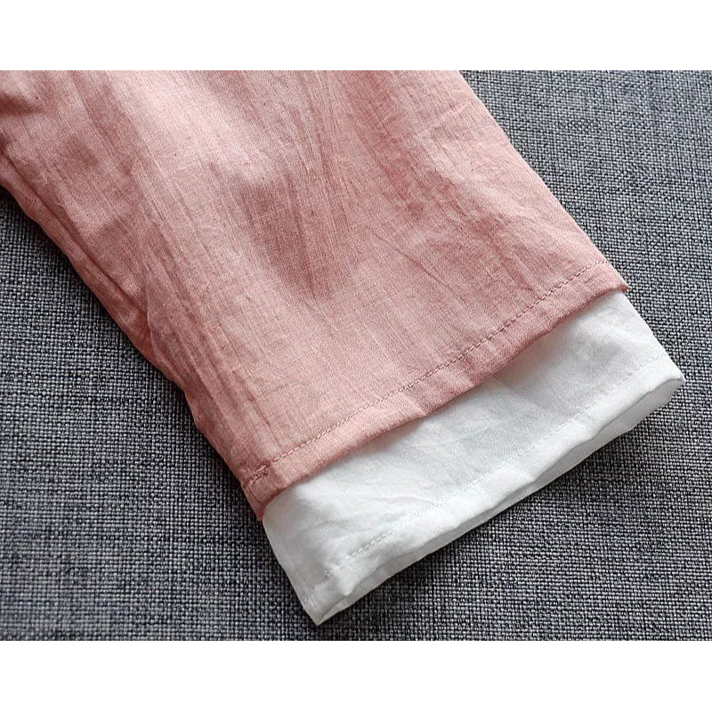 Chinese Style Embroidered Blouse Women's Summer Cotton Linen Half-Sleeve Cross Front Knot Loose Retro Tea Top