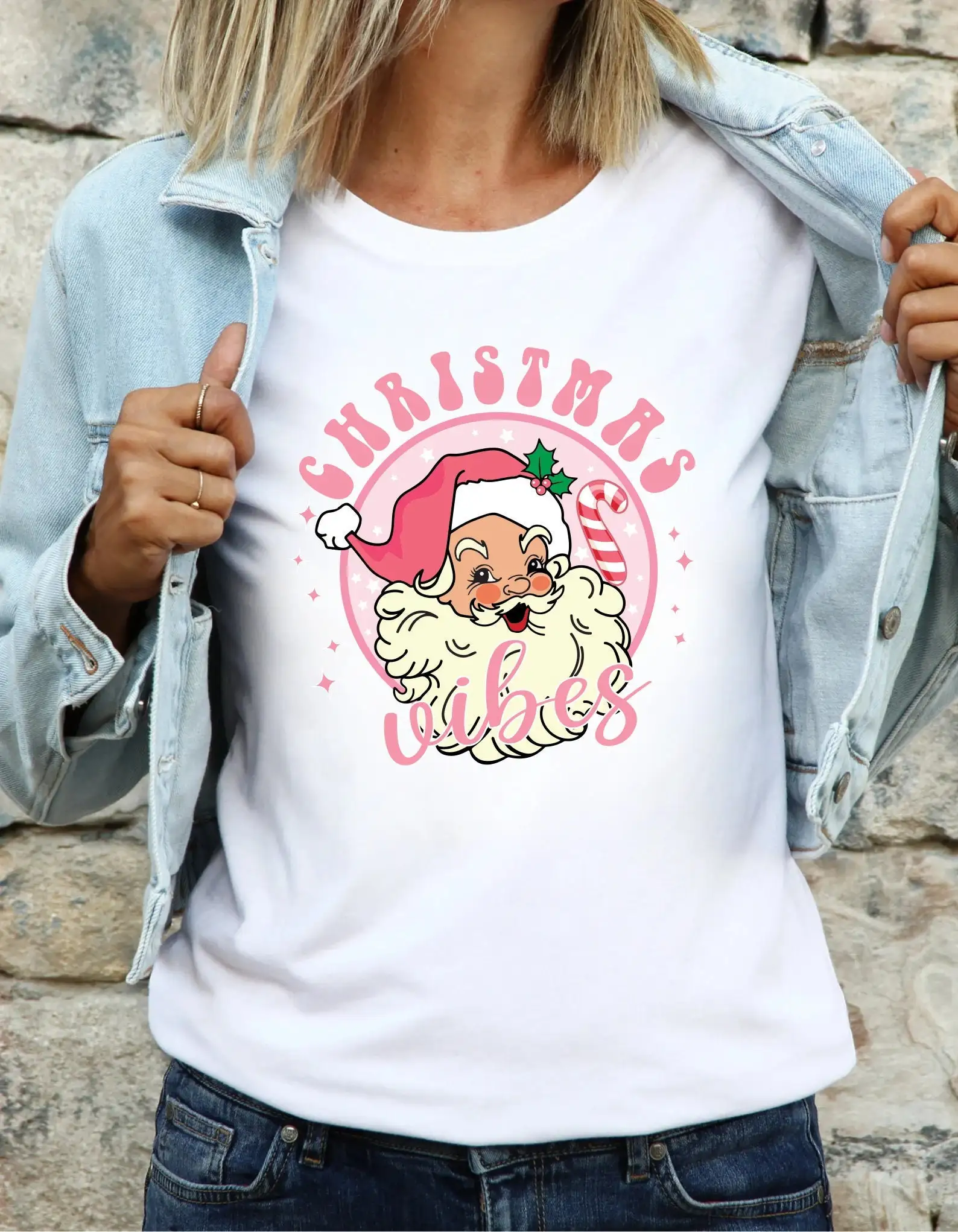 Retro Pink Christmas Vibes T Shirt Santa Claus Smiling Face Head Funny Vintage Family Holiday Xmas Elf