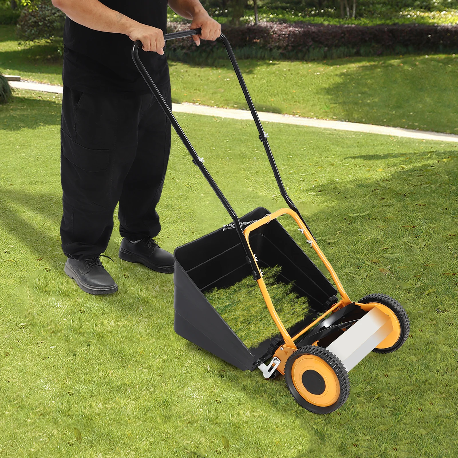 

14" Wheeled Lawn Mower Hand Push Grass Timmer 4 Sharp 5-edged Blades For Your Backyard Or Garden