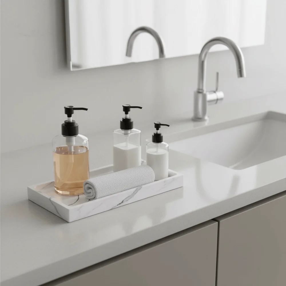 Luxury Marble Patterned Bathroom Counter Tray Resin Rectangular Soap Dispenser Tray Kitchen Countertop Organizer