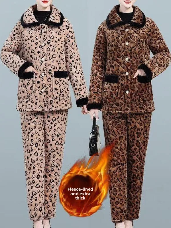 

Утепленный плюшевый хлопковый комплект для мамы с воротником: домашняя одежда, теплая, повседневная, с длинными рукавами, на одной пуговице