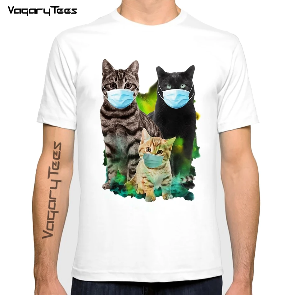 

Three Cats Wearing Mask Quarantine Men T-Shirt Masked Cat Printed Funny Tshirts Essential Tee Short Sleeve Casual t shirts