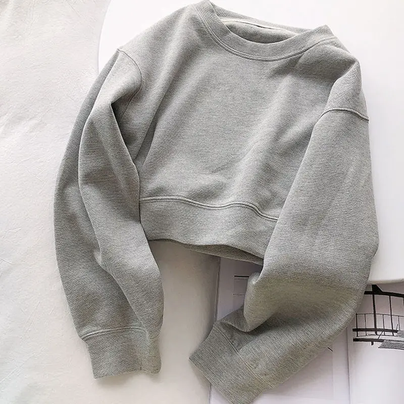 Sweatshirts Women Solid Cropped Basic Simple All-match Casual Korean Style Spring Autumn Teens Femme Clothing Chic New O-neck