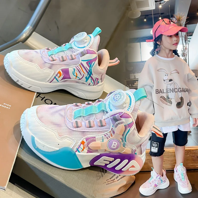 Swivel Button Girls Children Shoes New Air Mesh Breathable Spring & Summer Kids Sneakers Fashion Sports Casual Size 26-37