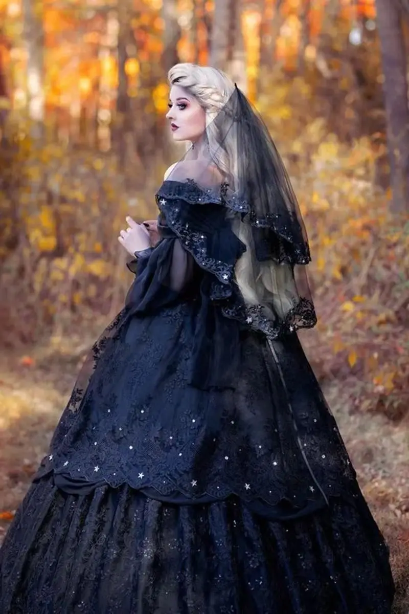 Średniowieczna Czarna Gotycka Suknia Balowa Koronkowe Aplikacje Vintage Wiktoriański Kostium Maskaradowy Długie Rękawy Suknie Wieczorowe Szyte na Miarę