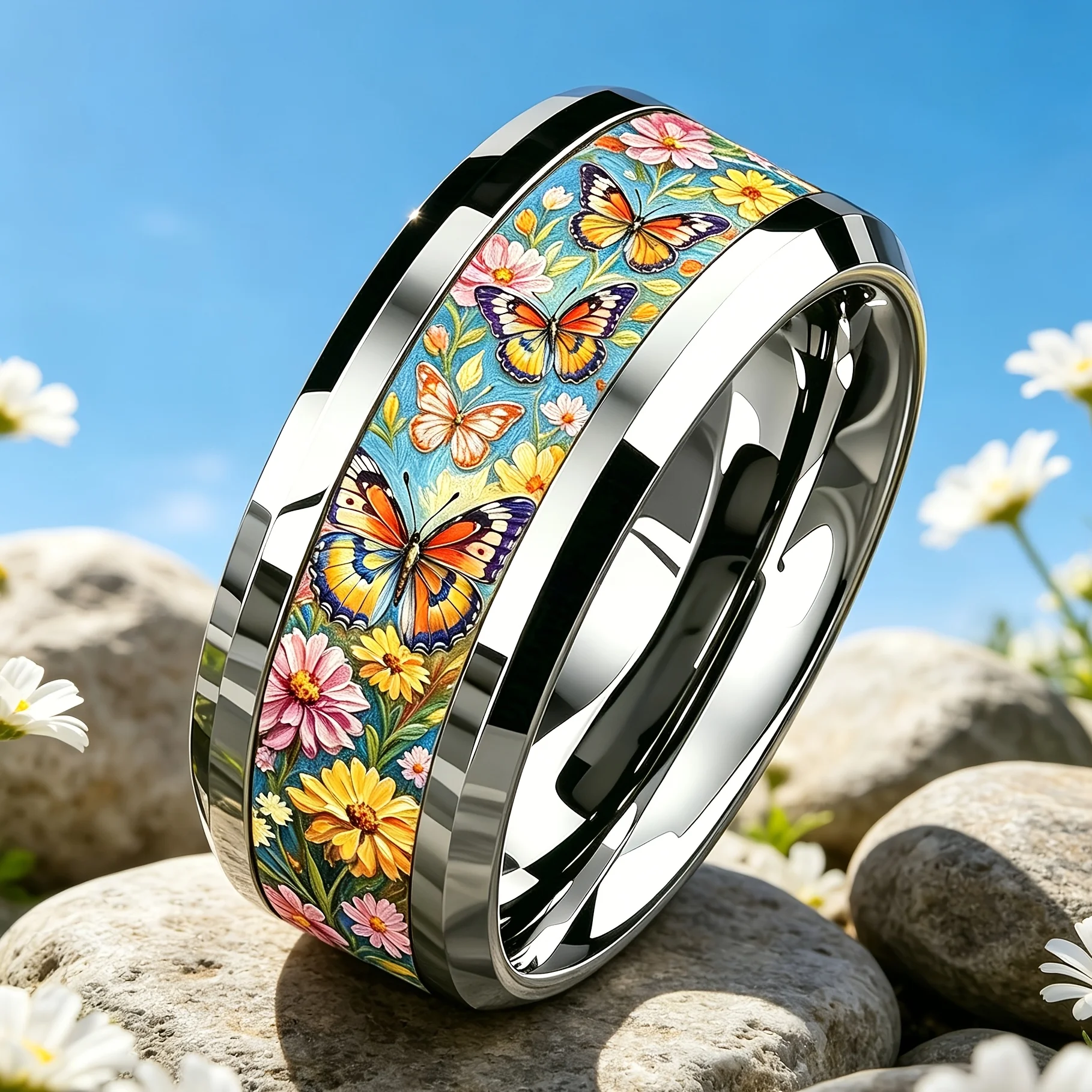 SUNFLOWER Flower Butterfly Men Stainless Steel Rings Unique Sticker Non-fading Wedding Band Polished Double Bevel Ring Wholesale