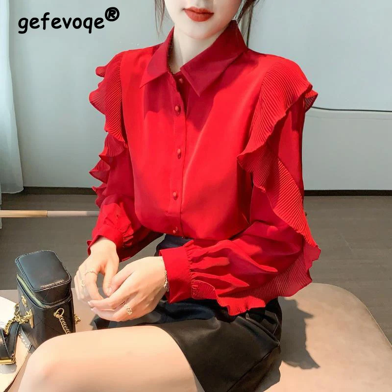 Women Red Ruffle Elegant Chic Sweet Fashion Button Up Shirt Casual Turn Down Collar Long Sleeve Blouse Top Blusas Mujer Clothes