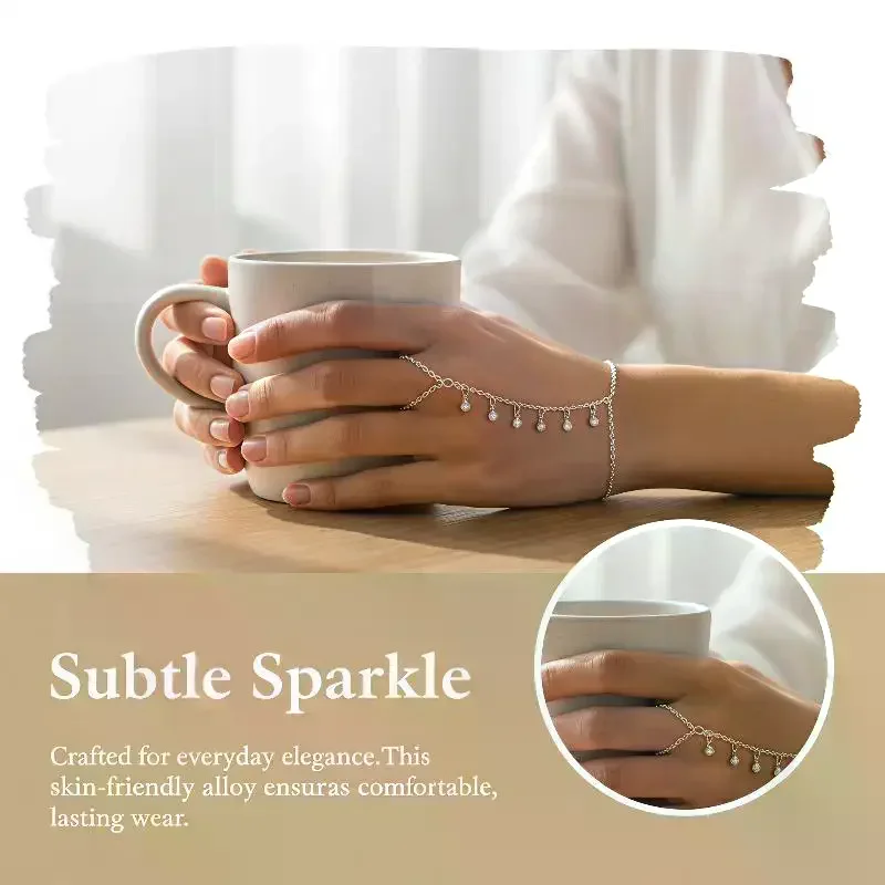 Fashion Shiny Zircon Teardrop Connected Finger Ring Bracelets: Women Crystal Tassel Link Chain Party Jewelry