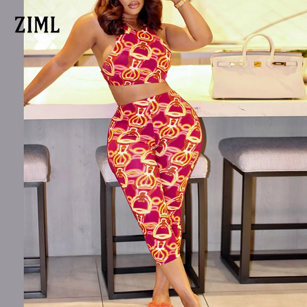 

ZIML Hit Color Printing Тонкие комплекты из двух предметов для женщин Короткие топы без рукавов с круглым вырезом и высокой талией Шикарные брюки Повседневный комплект женский