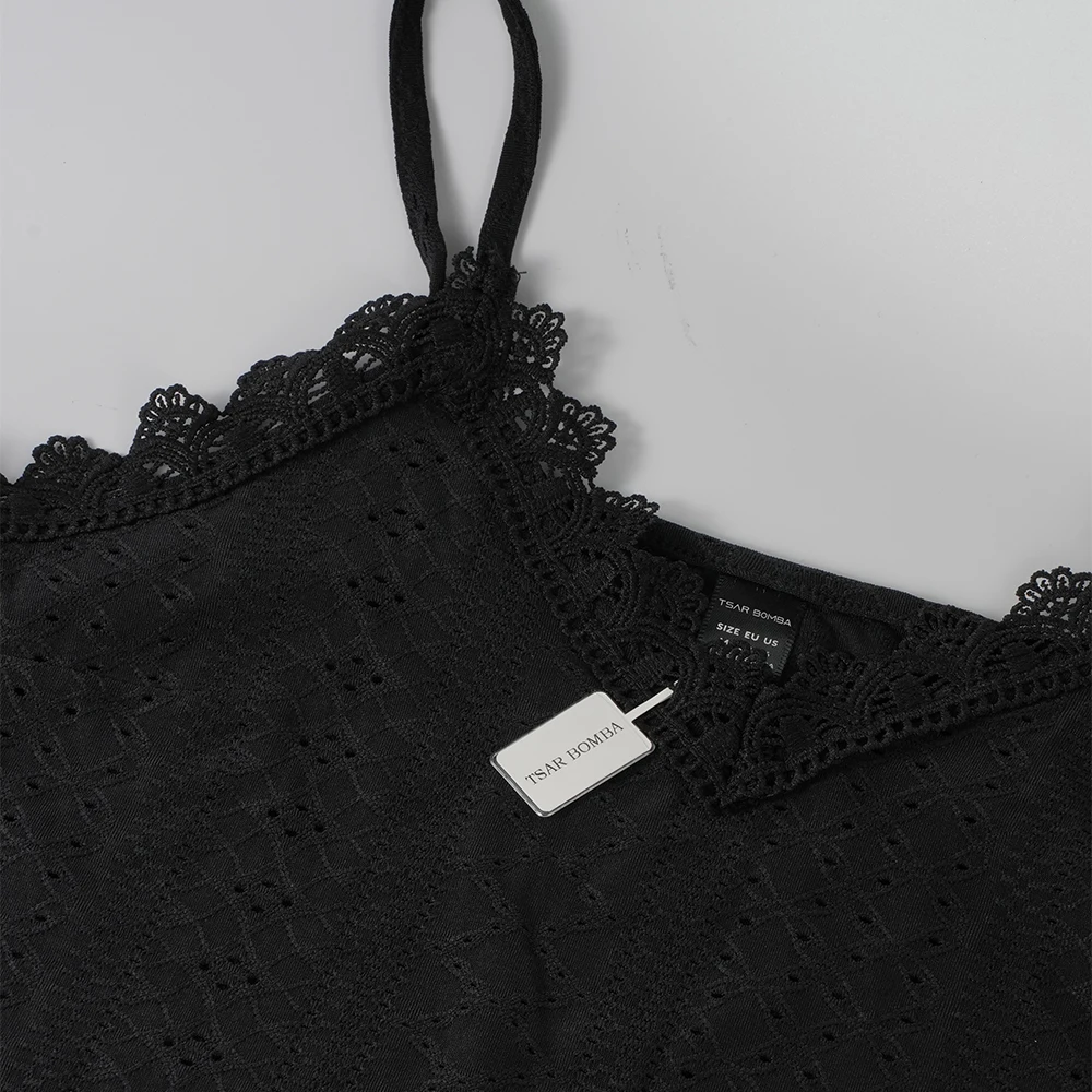 TSAR BOMBA Lace Black Tank Solid Color Design Strap Bottom Shirt
