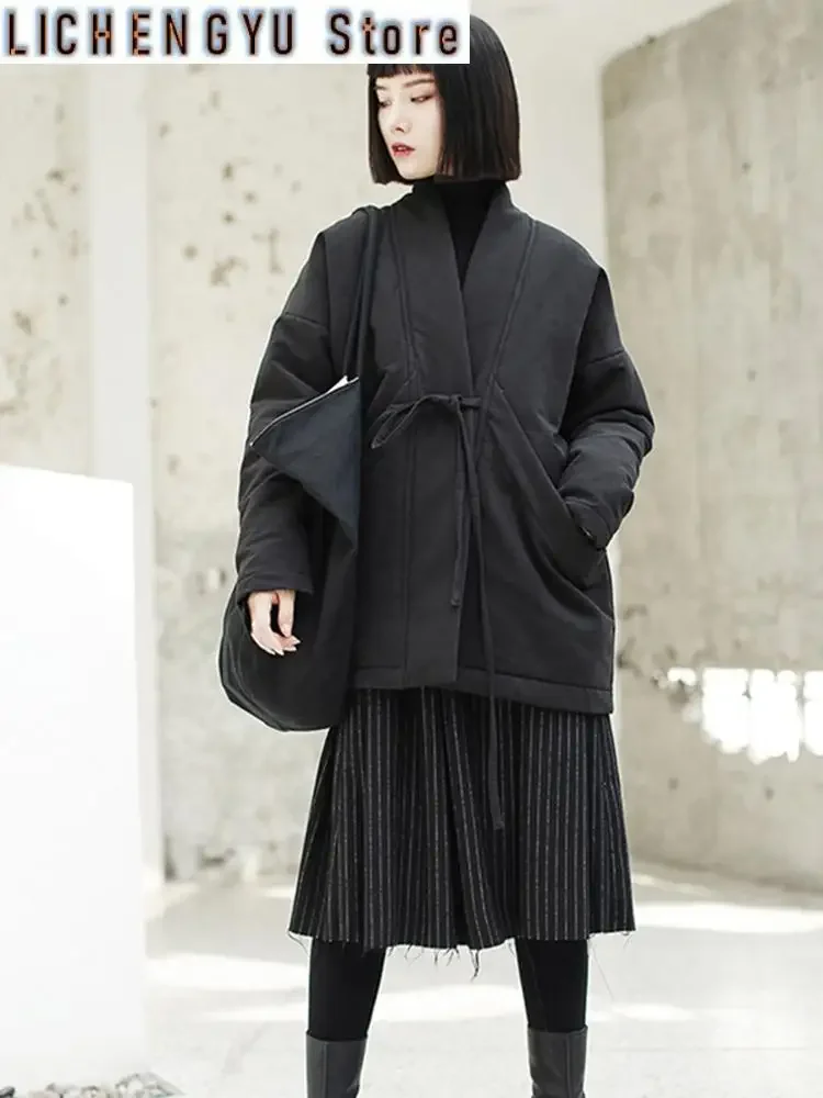 New Spring V-collar Long Sleeve Black Loose Brief Bandage Cotton-padded Large Size Coat Women Fashion