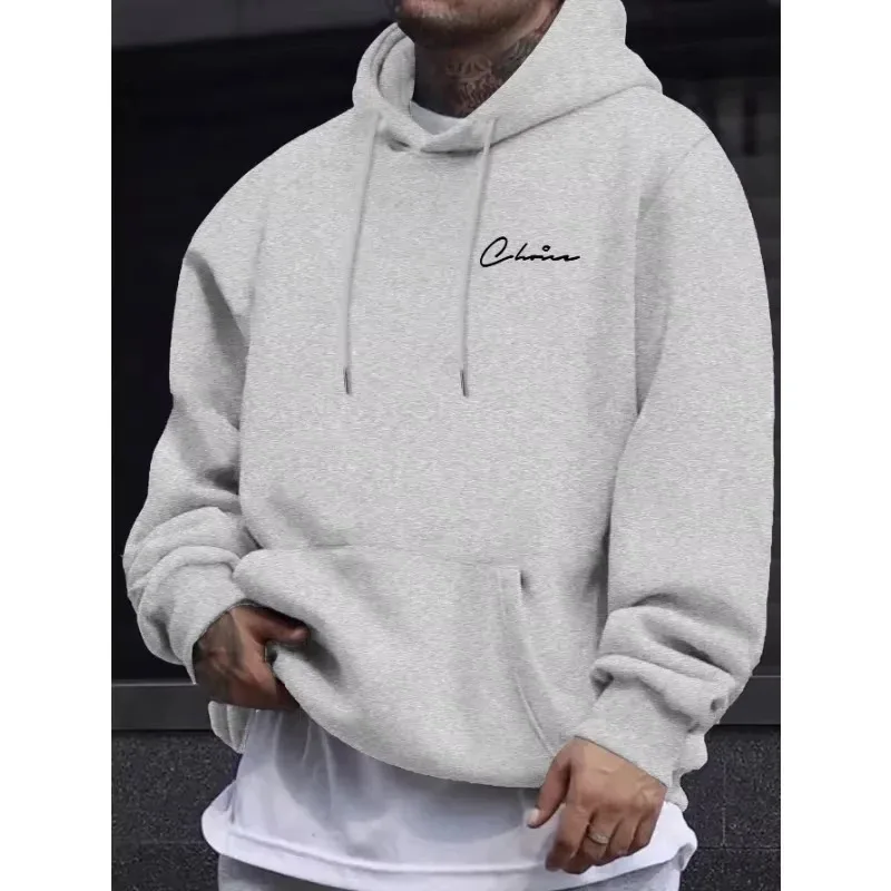 2026 New Men Simple Print Hoodie With Kangaroo Pocket Casual Sportswear Pullover For Daily Outdoor Street Leisure Wear Outfit