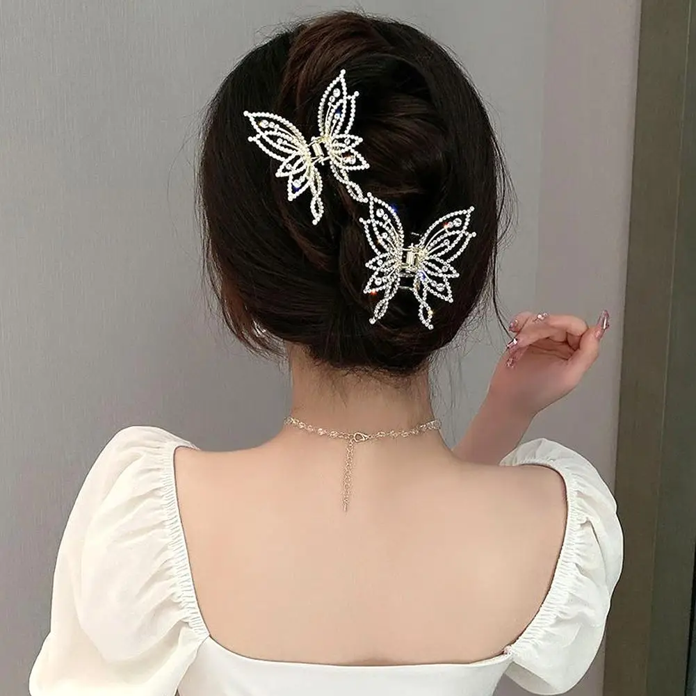 Garra para el cabello estilo mariposa para cabello fino y grueso, antideslizante, brillante, perlas de diamantes de imitación, decoración, accesorios para el cabello para mujer, L5Z0