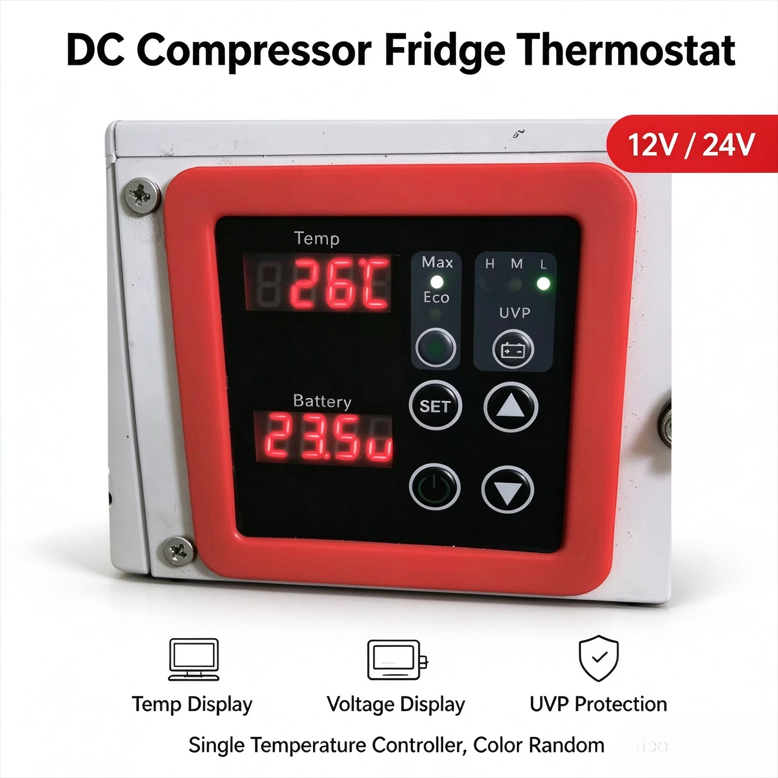 DC Compressor Refrigerator Thermostat BD001 12V 24V Dual Display Temp & Voltage Max ECO UVP Low Voltage Protection Controller