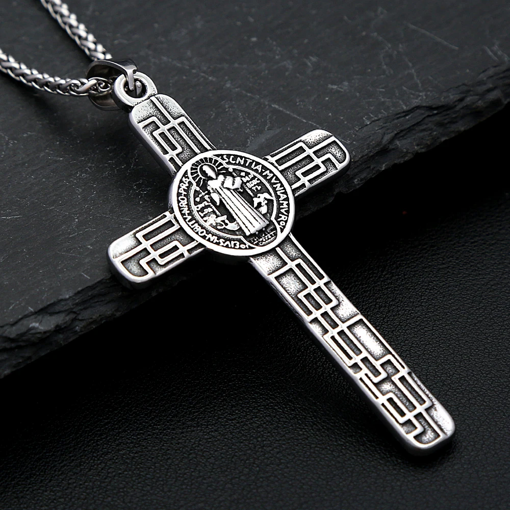 Vintage Saint Benedict Cross Necklace Stainless Steel Catholic Pendant For Men Women Unique Amulet Jewelry Gift Dropshipping