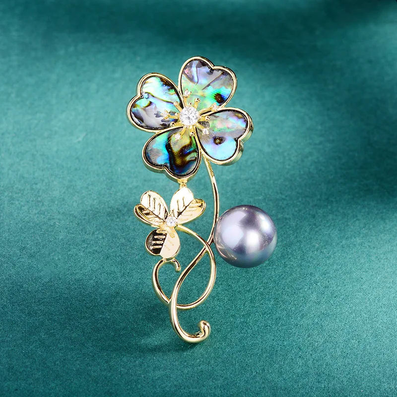 Niche Abalone Shell Flower Brooch High-grade Deep Black Shell Beads Micro-zirconium Pin High-end Corsage Accessories Exploded