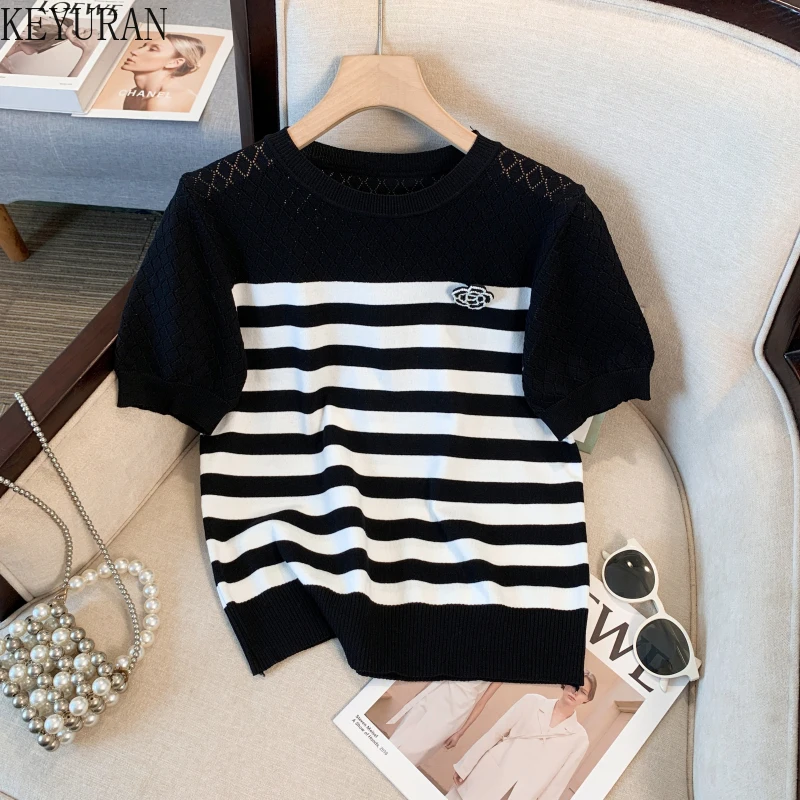 Thin Ice Silk Knit T-shirt Short Sleeve Sweater Women 2024 New Summer Chic Black Whiter Striped Tshirts Hollow Out Knitwear Tops