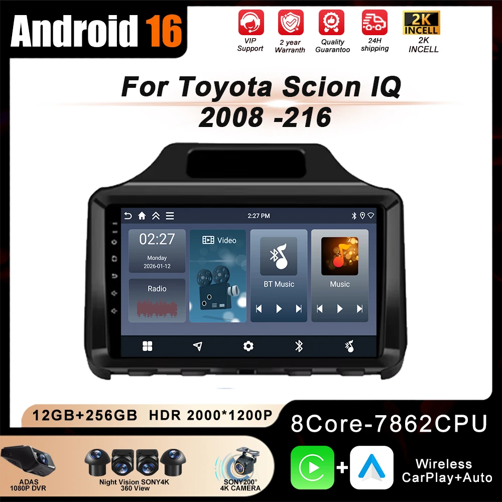 Android 16 Carpaly For Toyota Scion IQ 2008 2009 2010 2011 - 2016 Auto Multimedia Video Player Wireless Carplay Bluetooth WiFi