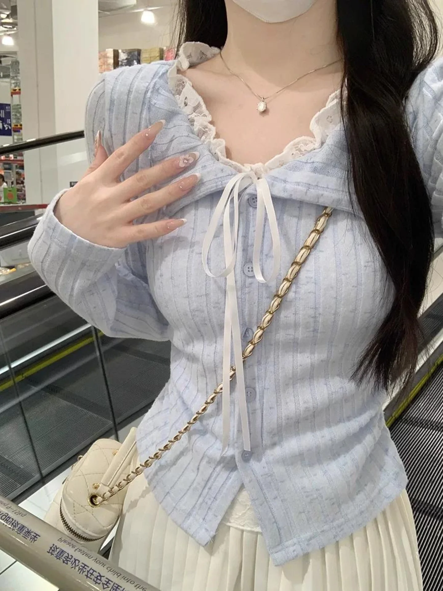 Pure Desire BM Style Sea Salt Blue Long Sleeve Lace T-Shirt Women's Early Autumn New Inner Knitted Shirt Sweet Style Butterfl...