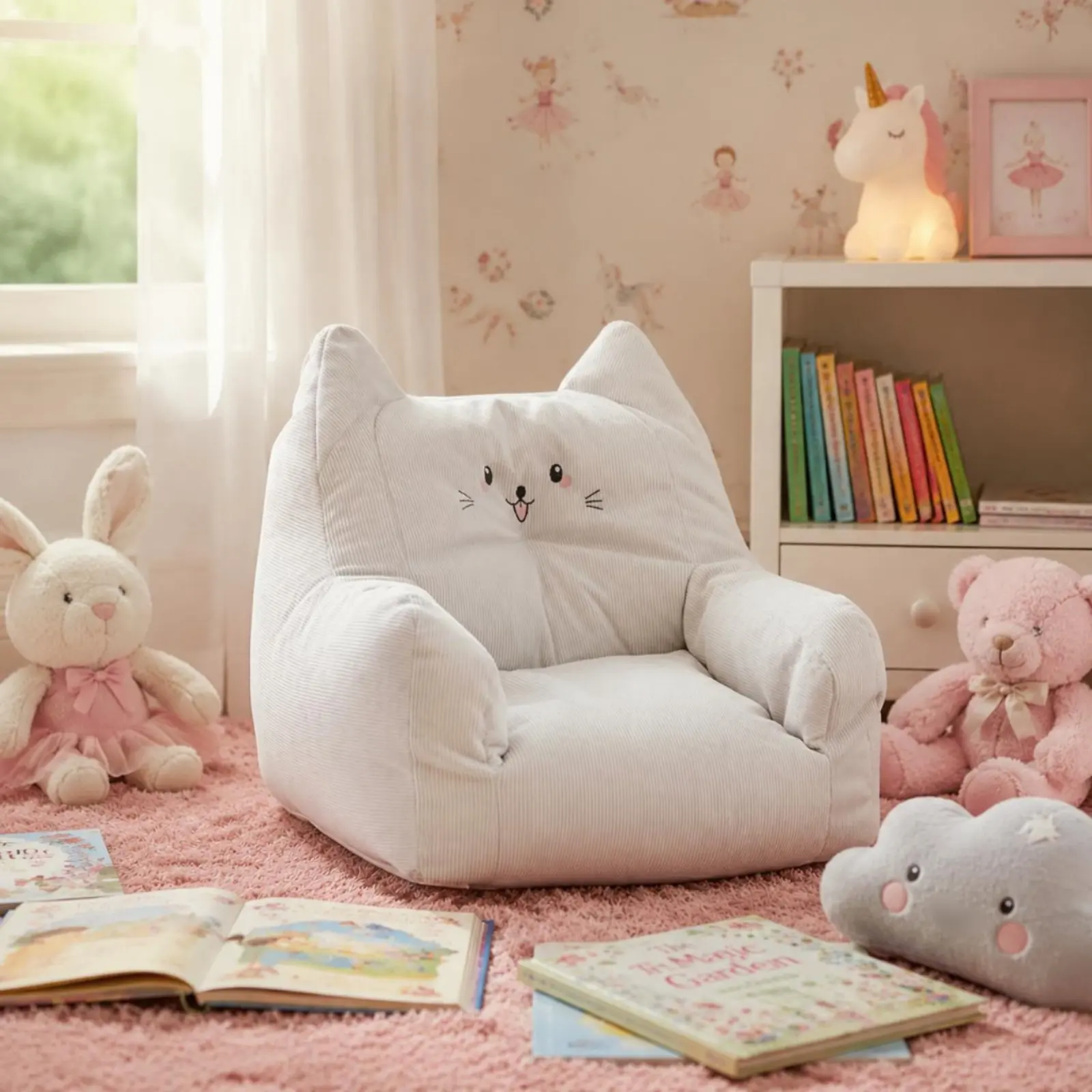 Feline-Shaped Kids Sofa Cute Design Feline Chair Soft Toddler Sofa Easy to Sit Fluffy Children Chair Lightweight for Girls