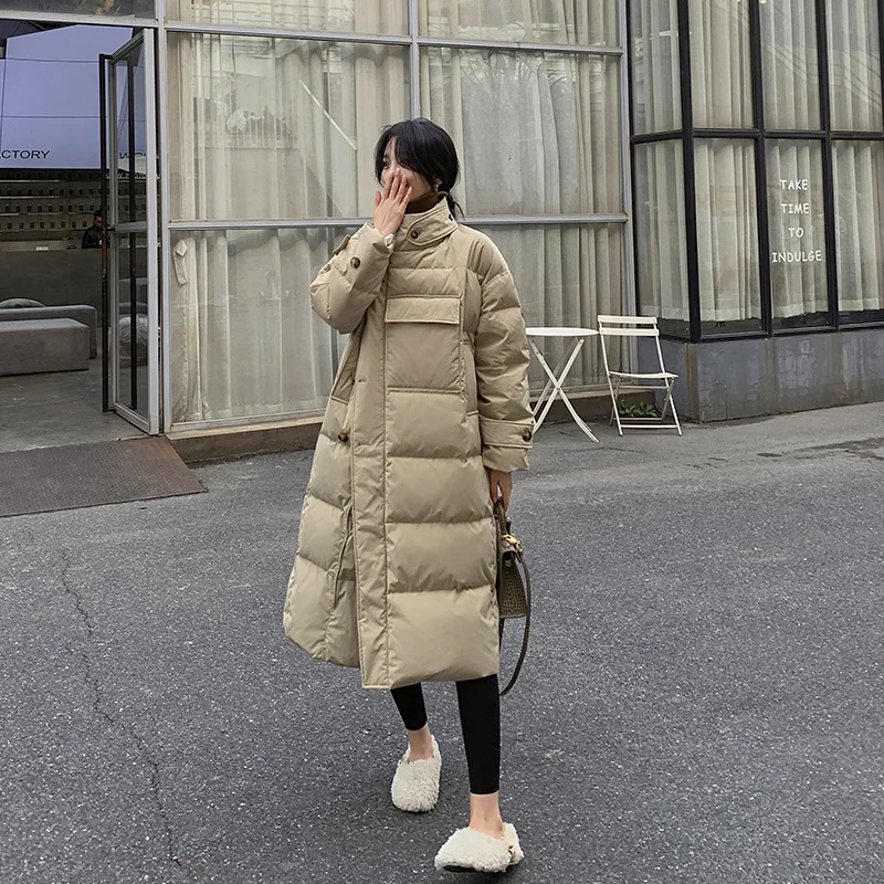 Stehkragen wind dichte Mäntel Winter Frauen Knöpfe große Taschen lange Parka verdickte wärmere Baumwoll jacke koreanische Puffer jacke