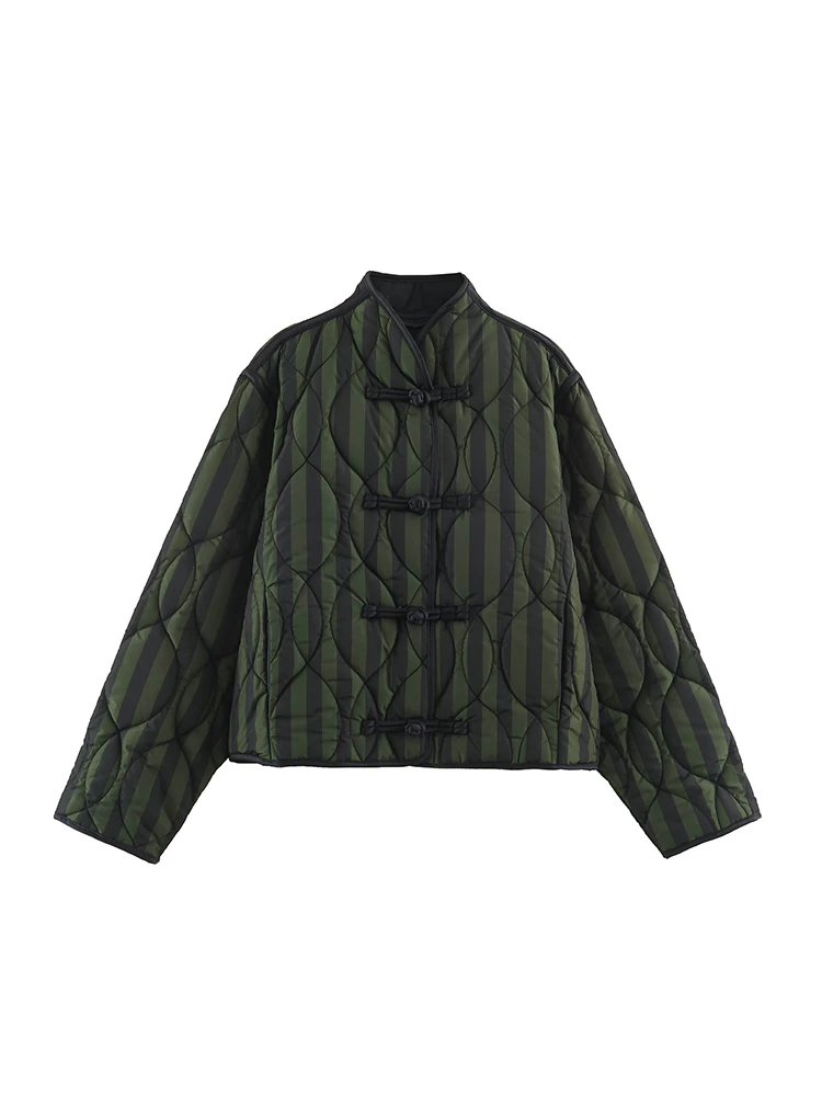 TFMLN Women's Cotton Jacket Stand Collar Quilted Warm Coat Long Sleeve Loose Fit Knot Button Up Casual Lady Street Coats