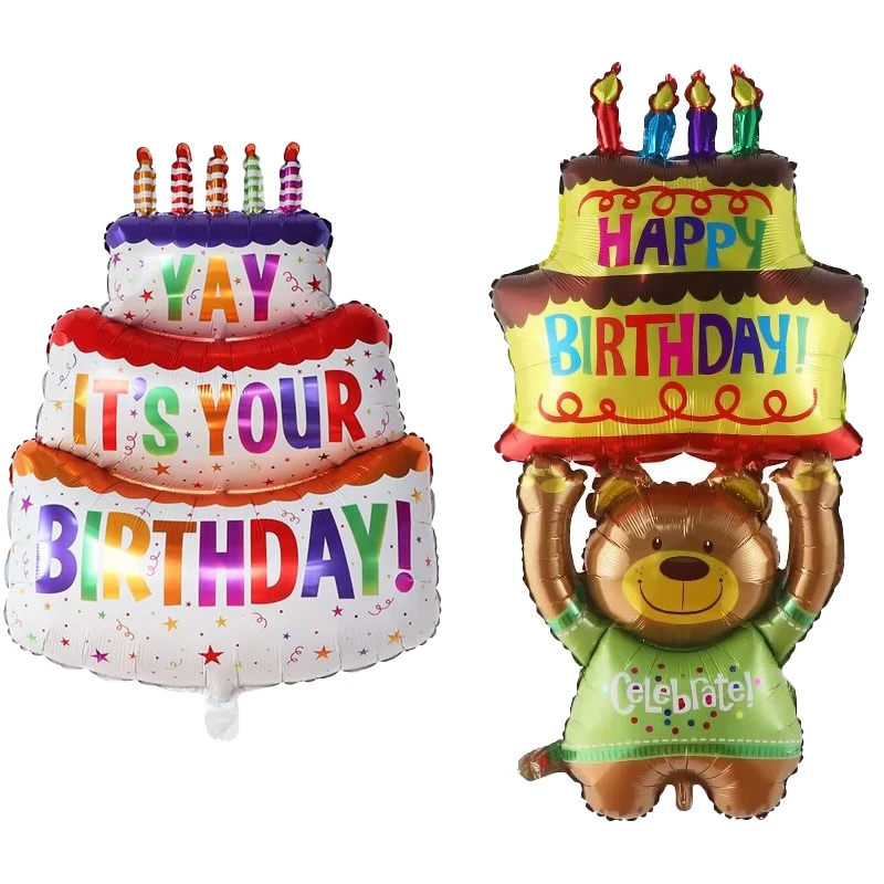 3-Layer Large Cake Balloons Happy Birthday Cartoon Bear Cake Foil Balloons for Kids Birthday Party Decoration Props Ballon Toys