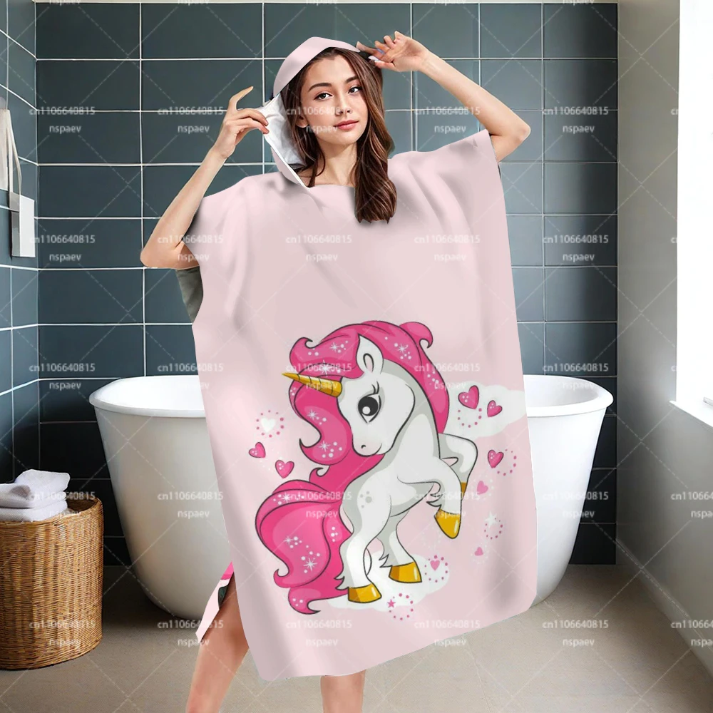 Parent-Child Pink Unicorn Print Hooded Bathrobe, Quick Dry Wearable Towel Poncho for Beach Swim Pool view 3