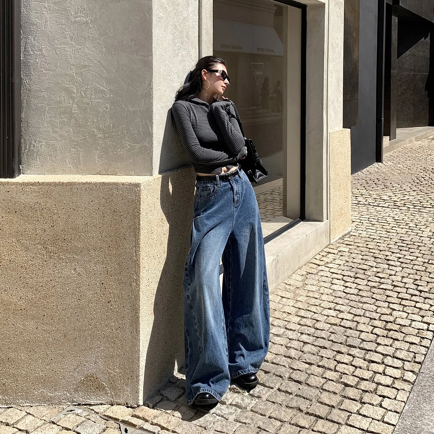 Pant Women Jeans Floor Length Peated Vintage Wide Leg Long Pants High Waist Straight Trousers Y2k Streetwear Elegant Work Autumn