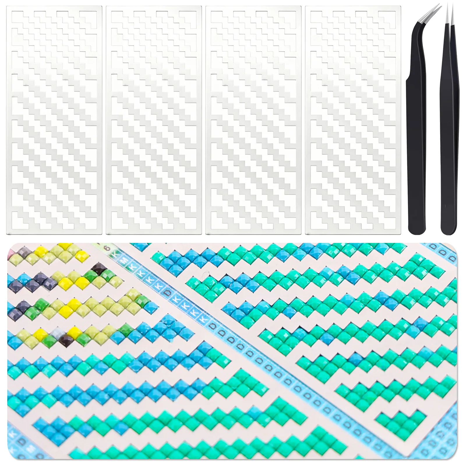 Durable Stainless Steel Diamond Art Ruler Set, 4Pcs Grid Rulers Plus 2Pcs Tweezers, Metal Placement Tool for Craft Bead