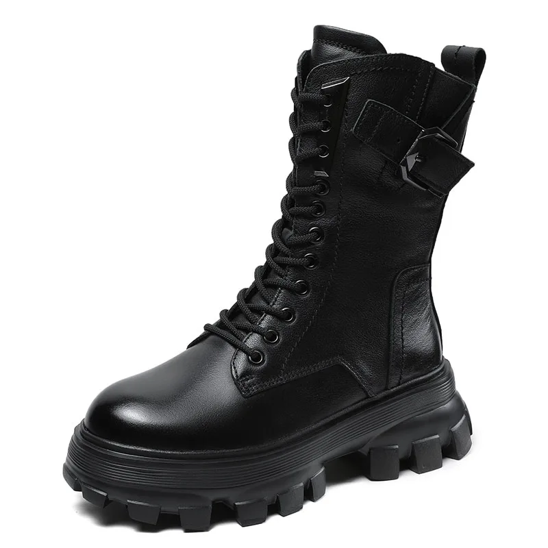 DRKANOL Autumn Winter Warm Plush Mid Calf Boots Women Genuine Leather Platform Wedges Heel  Height Increasing Retro Snow Boots