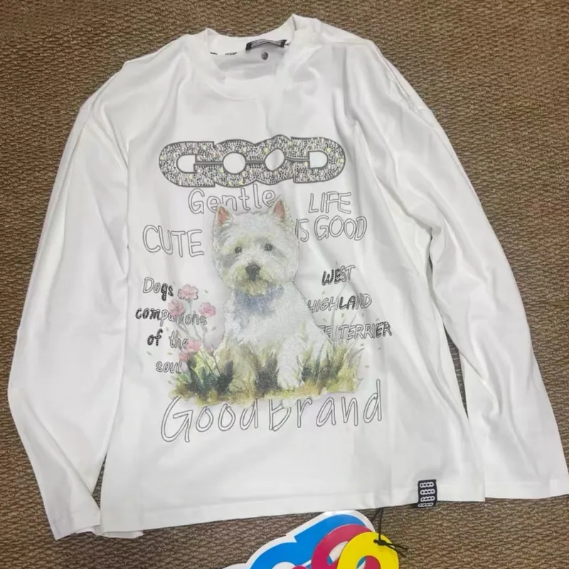Men Women Street Black White GOODBRAND Tshirts Hollow Nail Bead Letter Flowers Glitter Dog Print Dropped Shoulder Long Sleeves
