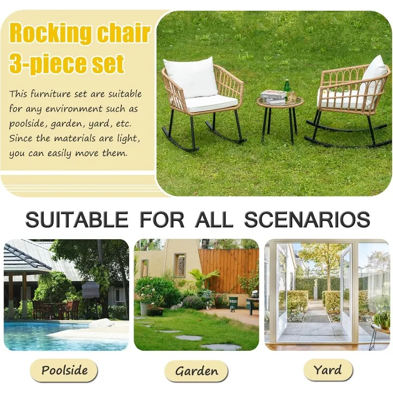 3 Piece Rocking Chair Set, Bohemian Indoor Outdoor All Weather Braided Rope Table and Chair Set, Taupe Wicker Chat Chair Set