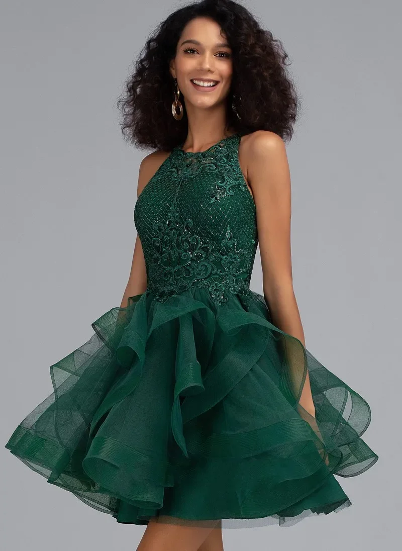

2026 Green Lace Prom Party Dress 2023 Scoop Short Tulle Ruffles Gradutation Homecoming Gown Robe De Soriee Vestidos