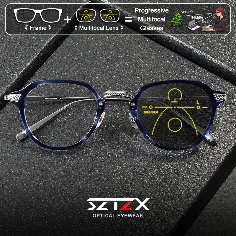 

SZTZX Everyday Wear Men Titanium Polygon Small Frame Prescription Glasses Acetate Anti Blue Ray Photochromic Progressive Eyeware