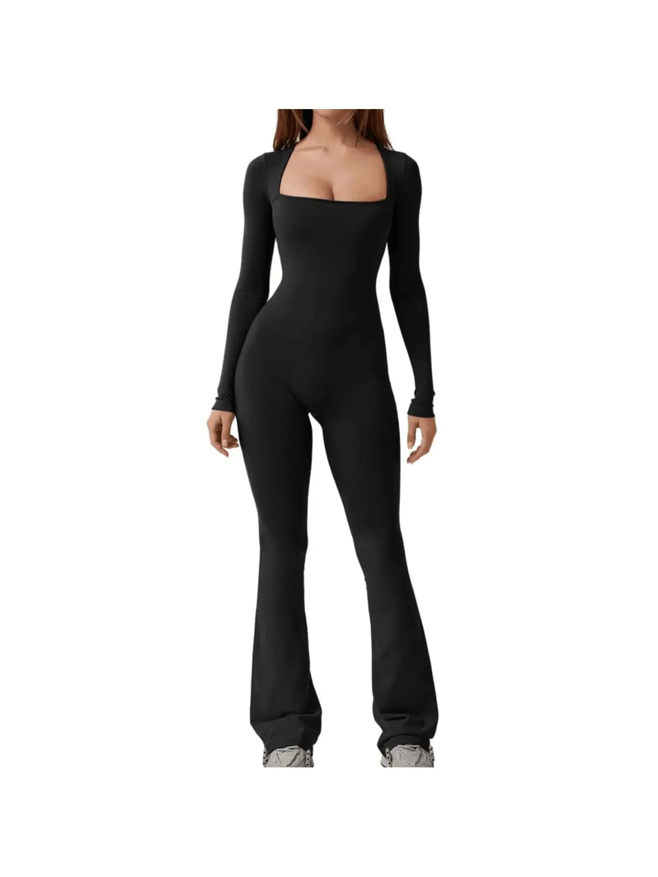 

Long Sleeve Square Neck Wide Leg Jumpsuit, Tummy Control & Butt Lifting One-Piece Bodysuit, High Stretch Sculpting Romper
