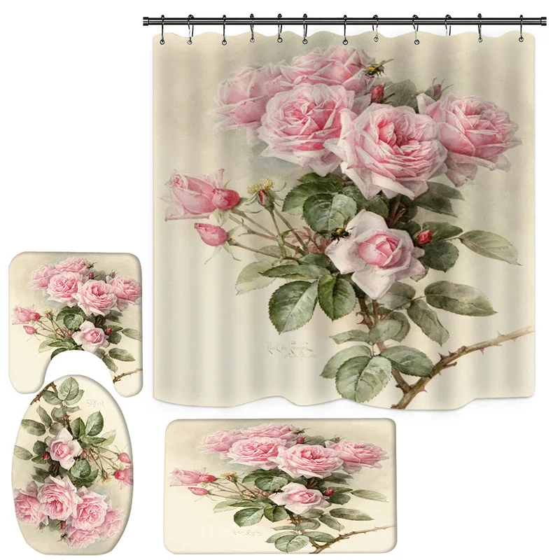 

Набор для ванной комнаты с цветочным принтом, занавеска для душа, коврик для ванной комнаты, набор чехлов для унитаза, занавеска для душа, украшение дома, водонепроницаемый