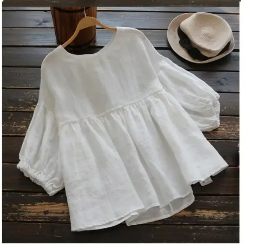 1pcs/lot Fashion Ruffle Blouse Summer Women Vintage Casual Linen Tops Female Lantern Sleeve female solid top