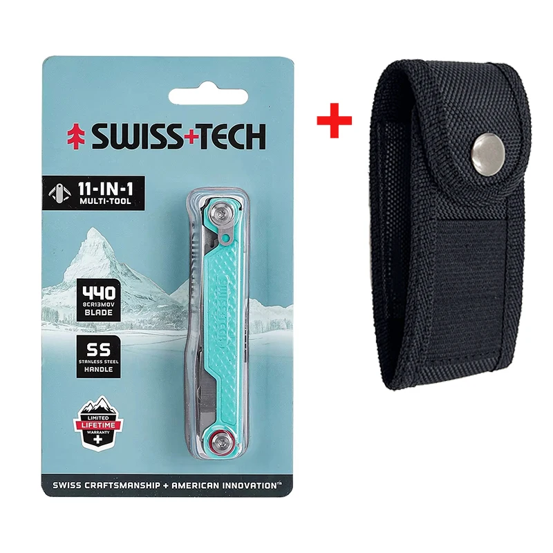 SWISS TECH Mini Herramienta Multiusos 11 en 1, Navaja Plegable EDC, Herramientas de Supervivencia para Acampar al Aire Libre, Tijeras, Destornillador, Herramienta Multiusos con Clip