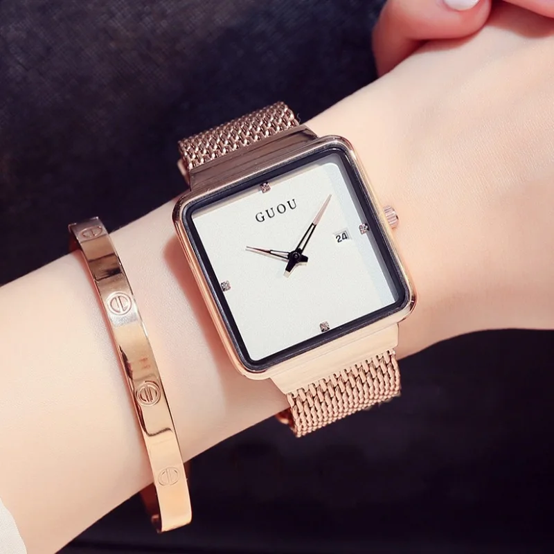 

Новые женские часы со стальным ремешком, повседневные и модные кварцевые часы для студентов, уникальные наручные часы с квадратным циферблатом.