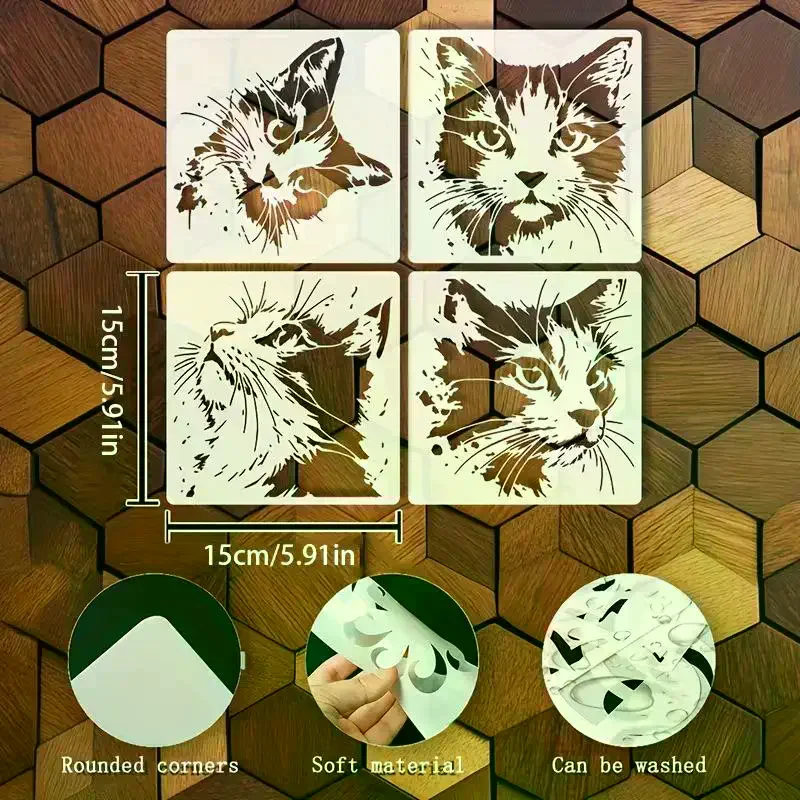 Cat Painting Stencils, Reusable Hollow DIY Molds With Cute Kitten Pattern, Suitable For Wooden Signs, Walls, Journals 4Pcs/set