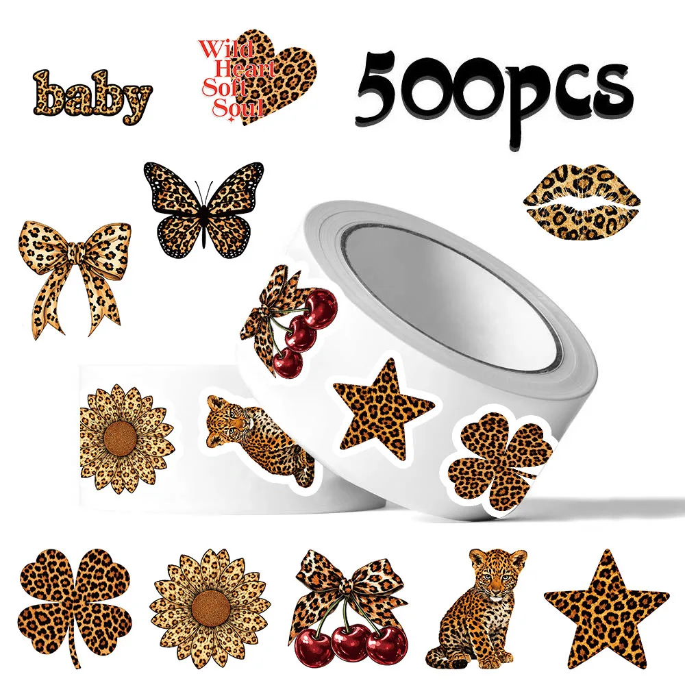 500PCS/Roll Leopard Print Sealing Stickers, Waterproof Decals for Scrapbooking, Phones & Luggage
