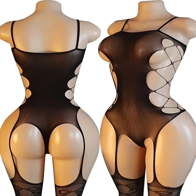 Open Back Sling Bras Body Suits Erotic Crotchless Lingerie Mesh See Through Bodystockings Big Loophole Fishnet Underwear Sets